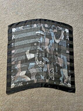 80s Picasso Cubism Sheer Striped Black Grey Satin Scarf 39x39